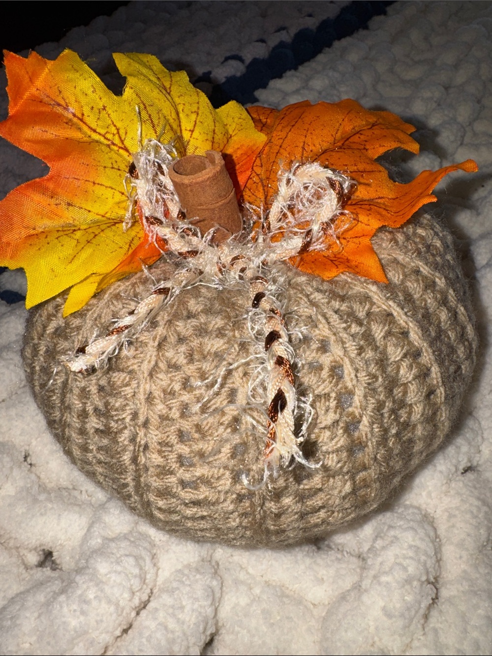 Handmade Knit Pumpkin Decor with Autumn Leaves